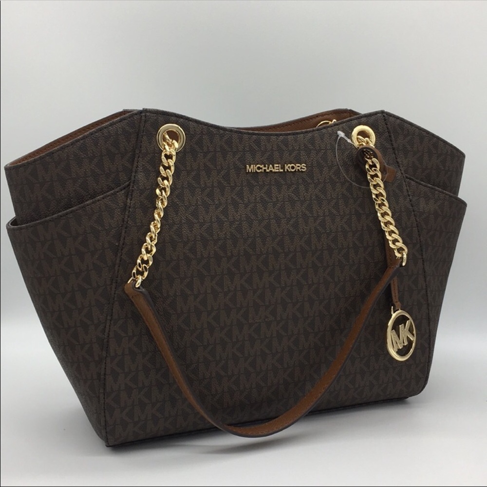 MICHAEL KORS LG CHAIN SHLDR TOTE BROWN NWT - Picture 1 of 16